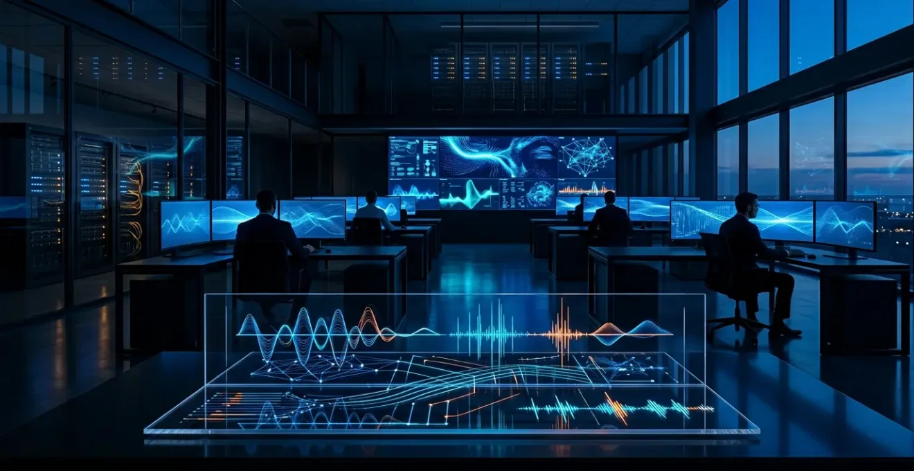 Centre de surveillance réseau montrant l'analyse de trafic HTTPS avec des patterns de beaconing