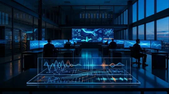 Centre de surveillance réseau montrant l'analyse de trafic HTTPS avec des patterns de beaconing