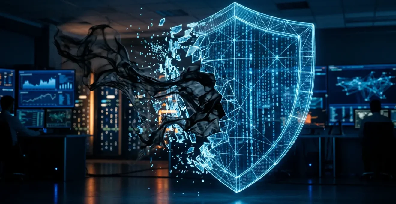 Concept de cybersécurité montrant une barrière numérique percée par des menaces invisibles