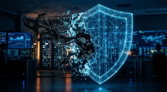 Concept de cybersécurité montrant une barrière numérique percée par des menaces invisibles