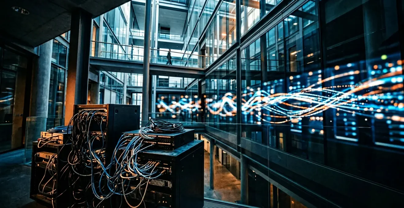 Architecture réseau moderne avec flux de données cryptées et serveurs cloud