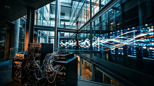 Architecture réseau moderne avec flux de données cryptées et serveurs cloud