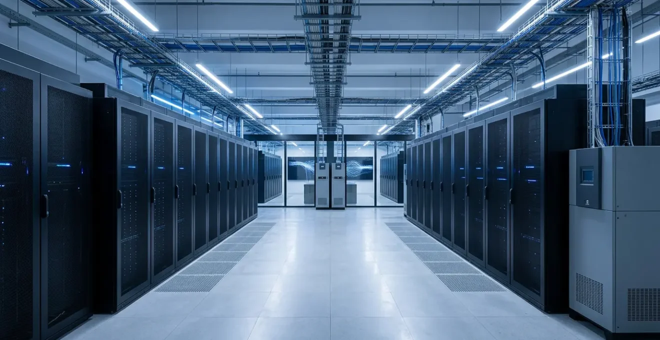 Vue architecturale d'un centre de données moderne avec redondance visible et éclairage bleu électrique