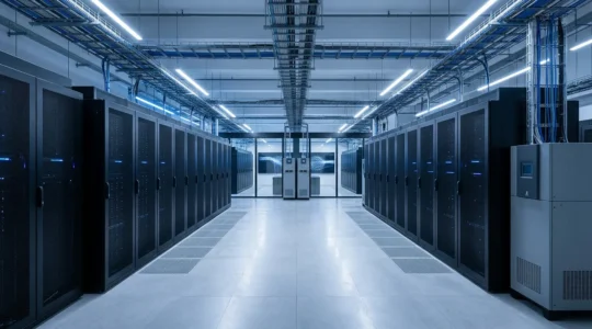 Vue architecturale d'un centre de données moderne avec redondance visible et éclairage bleu électrique