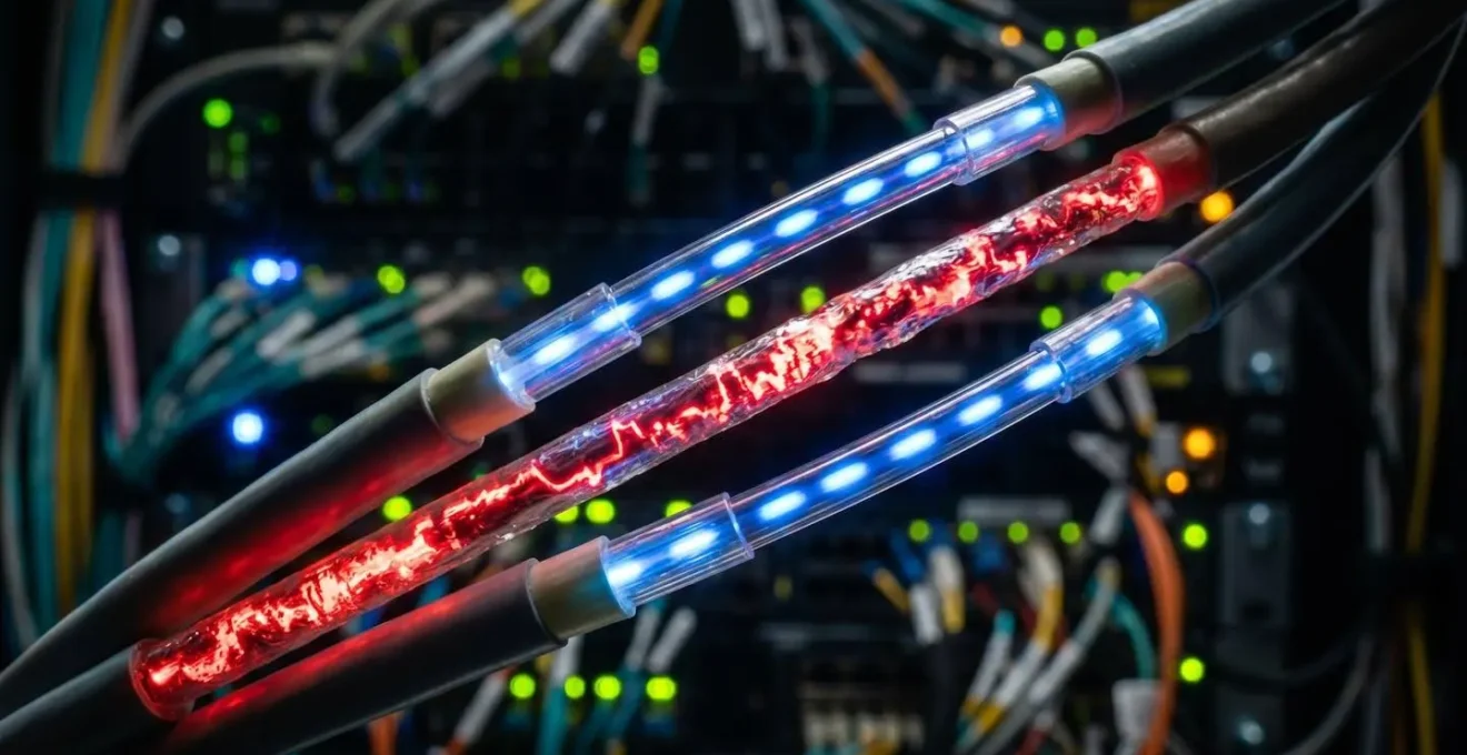 Visualisation macro de câbles réseau montrant le flux de données DNS