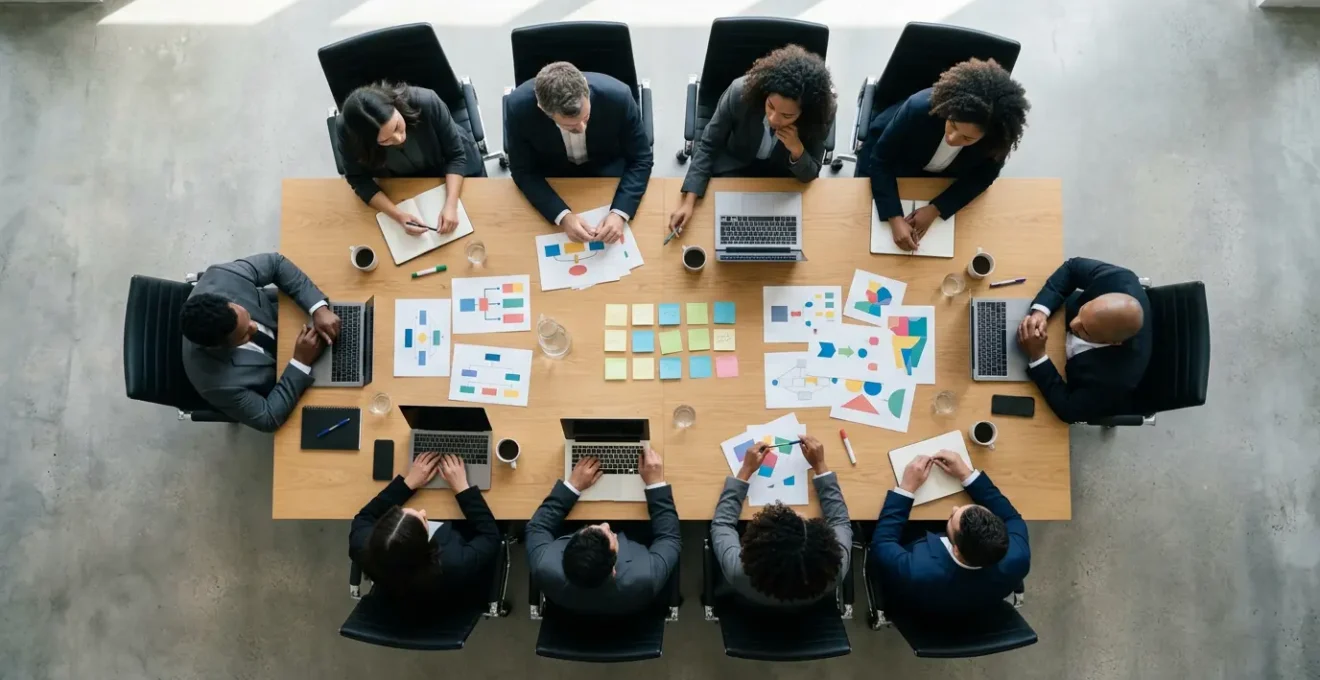 Vue aérienne d'une table de réunion avec professionnels analysant des diagrammes de risques cyber et des documents stratégiques