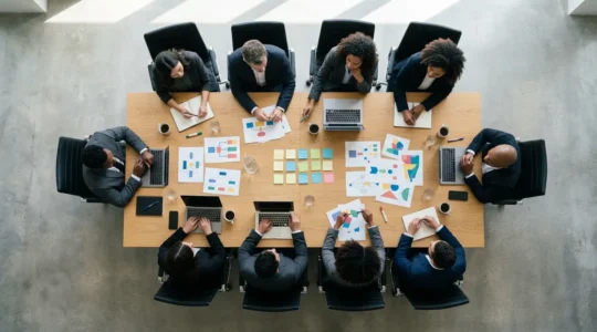 Vue aérienne d'une table de réunion avec professionnels analysant des diagrammes de risques cyber et des documents stratégiques