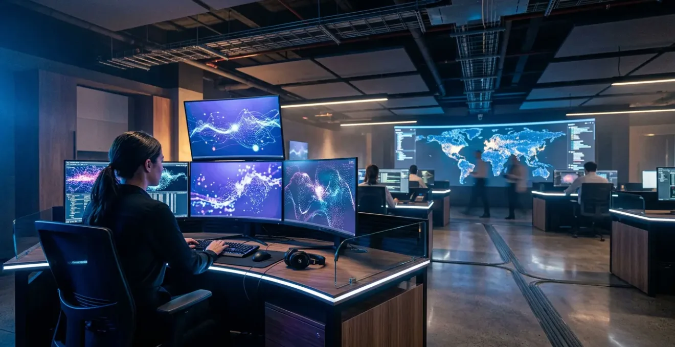 Analyste SOC analysant des flux de données sur plusieurs écrans dans un centre d'opérations de sécurité moderne