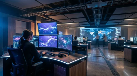 Analyste SOC analysant des flux de données sur plusieurs écrans dans un centre d'opérations de sécurité moderne