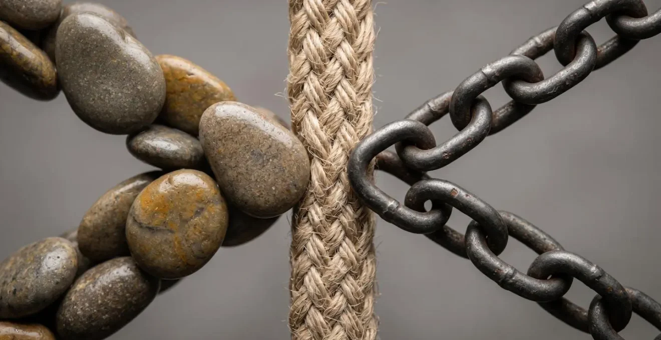Vue macro de trois chemins divergents représentant les stratégies de traitement de risque : des pierres lisses (accepter), une corde tressée (atténuer), des maillons de chaîne (transférer).
