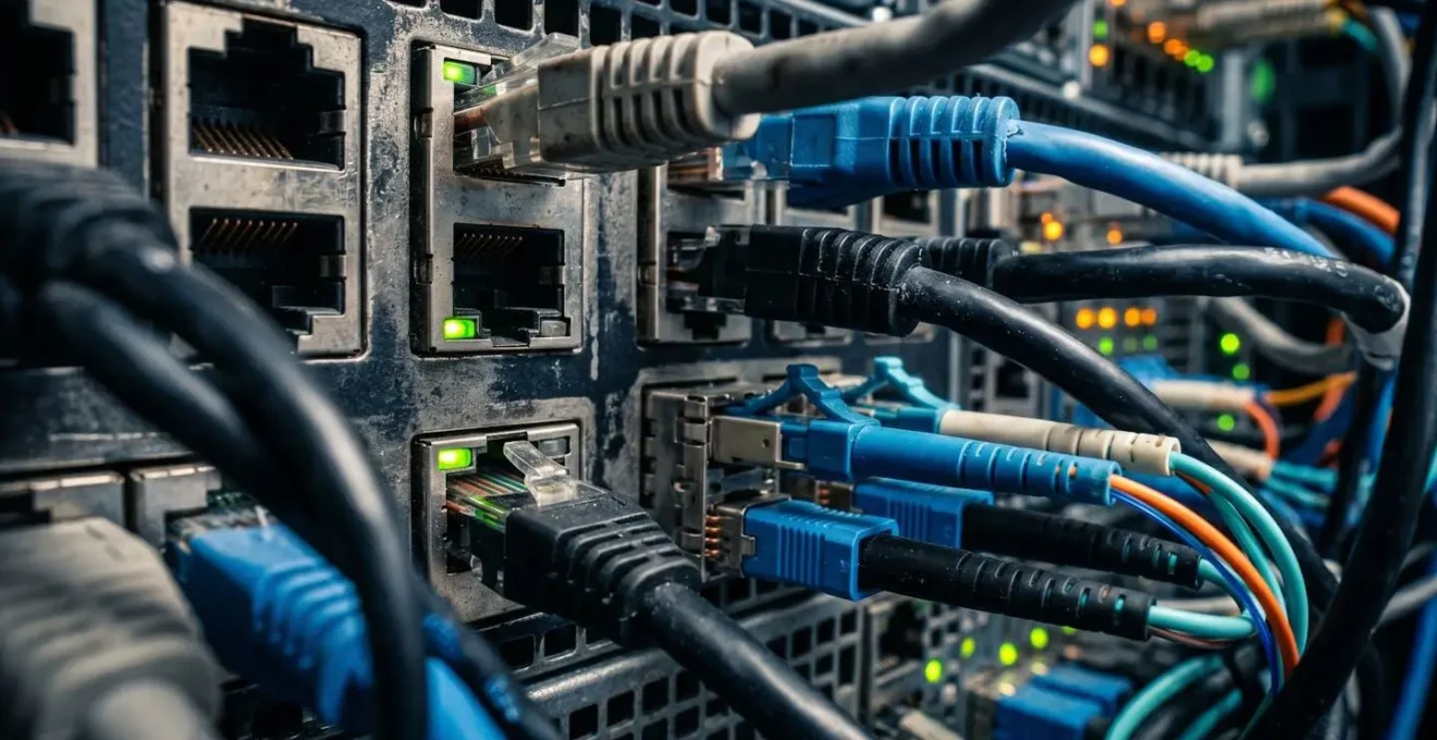 Vue macro de câbles réseau et connexions serveur
