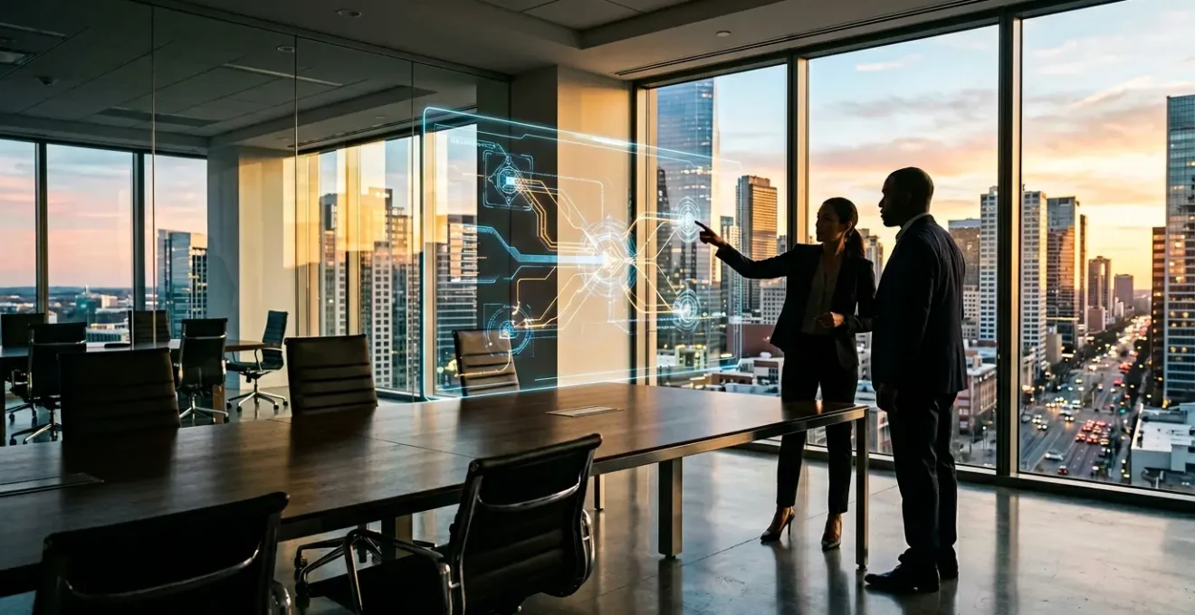 RSSI et consultants experts analysant une feuille de route sécurité sur écrans holographiques dans une salle stratégique moderne