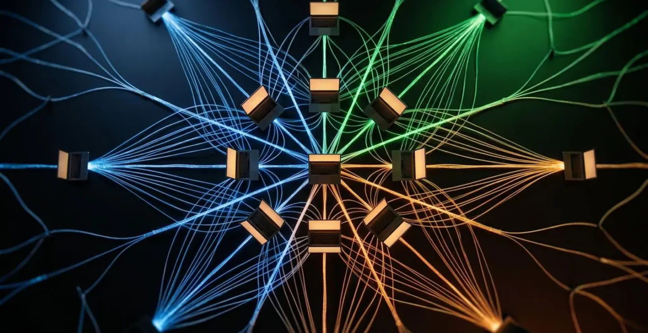Carte abstraite montrant des connexions entre différentes régions francophones avec des professionnels travaillant à distance