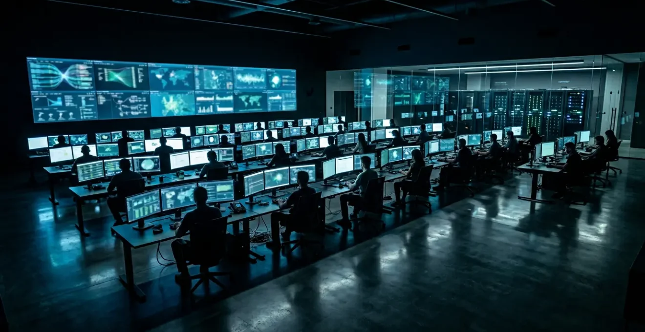 Centre d'opérations de sécurité moderne avec écrans de surveillance et tableaux de bord d'alertes