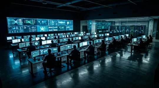 Centre d'opérations de sécurité moderne avec écrans de surveillance et tableaux de bord d'alertes