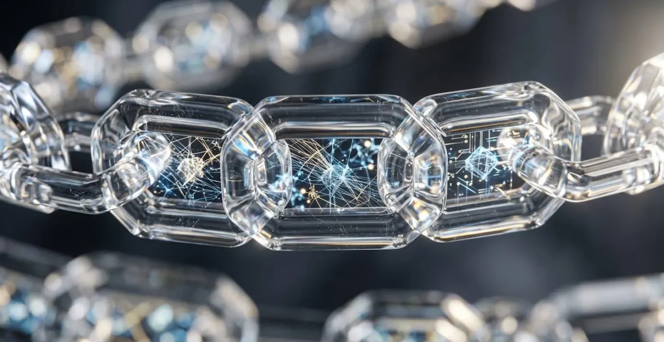 Représentation macroscopique d'une chaîne de conservation sécurisée pour les preuves numériques, symbolisée par des maillons de cristal contenant des données.