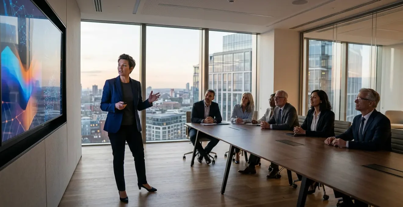 Salle de réunion moderne avec CISO présentant des indicateurs de risques visuels au comité exécutif