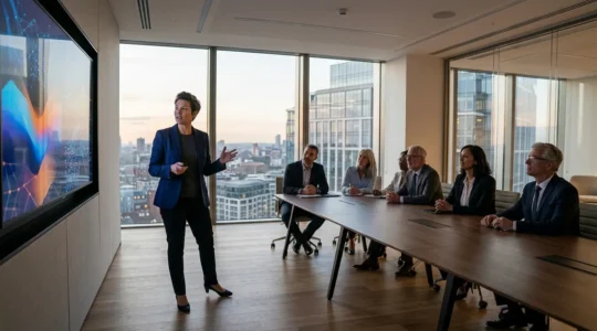 Salle de réunion moderne avec CISO présentant des indicateurs de risques visuels au comité exécutif