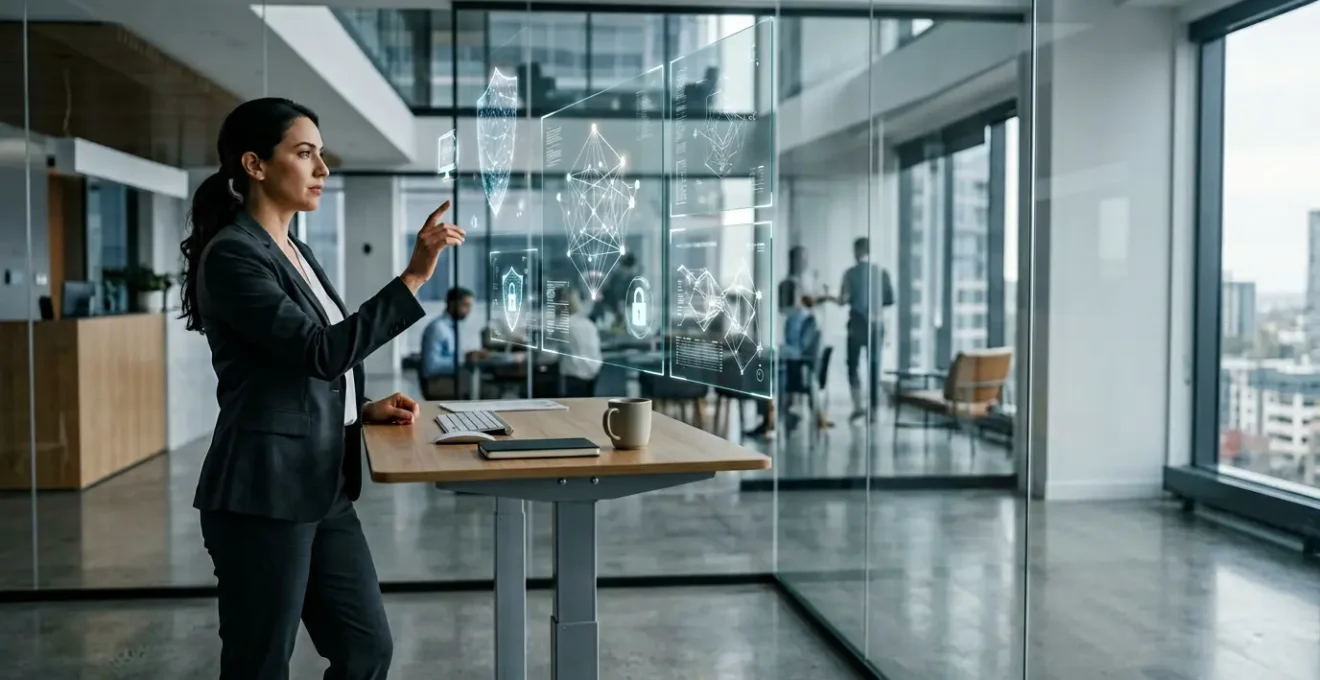 Professionnel de la cybersécurité dans un environnement corporate moderne analysant des architectures sécurisées