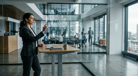 Professionnel de la cybersécurité dans un environnement corporate moderne analysant des architectures sécurisées