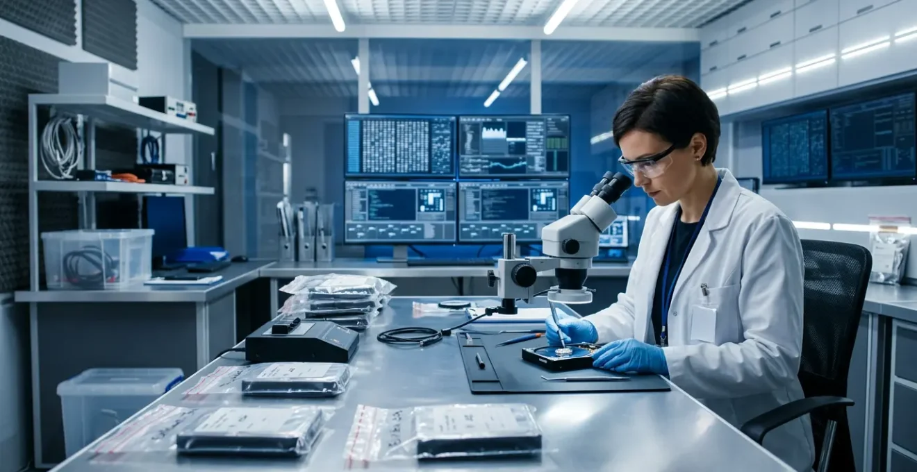 Expert forensique analysant un disque dur avec équipement spécialisé dans un environnement de laboratoire sécurisé
