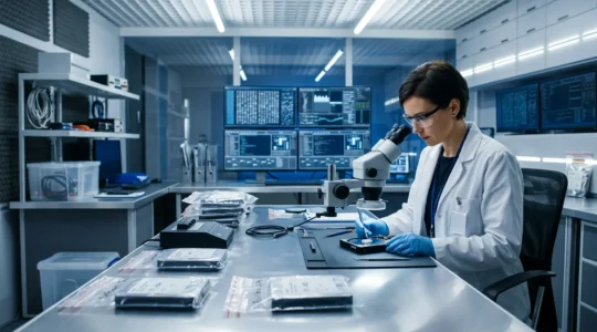 Expert forensique analysant un disque dur avec équipement spécialisé dans un environnement de laboratoire sécurisé