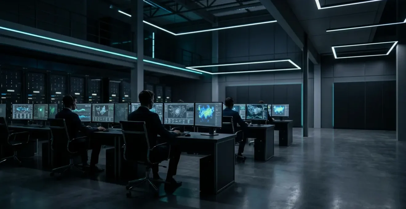 Centre de contrôle cybersécurité avec multiples écrans surveillant des infrastructures critiques dans une ambiance professionnelle