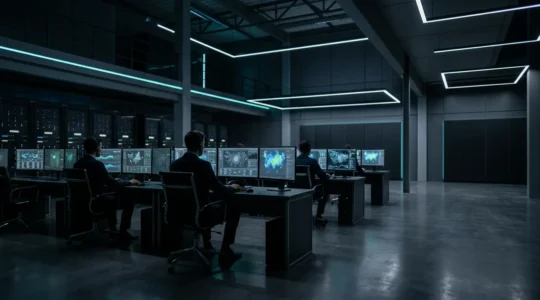 Centre de contrôle cybersécurité avec multiples écrans surveillant des infrastructures critiques dans une ambiance professionnelle