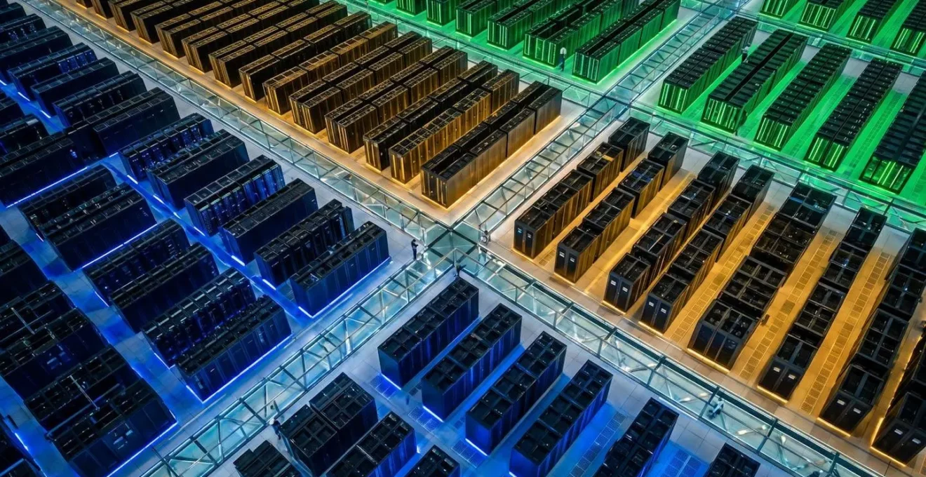 Vue aérienne d'un centre de données avec zones colorées représentant les phases de déploiement progressif