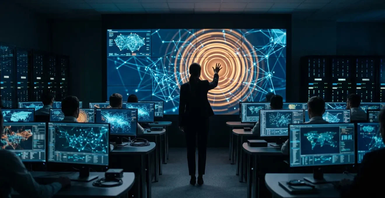 Centre de contrôle de cybersécurité avec écrans de monitoring et détection d'alerte ransomware en temps réel