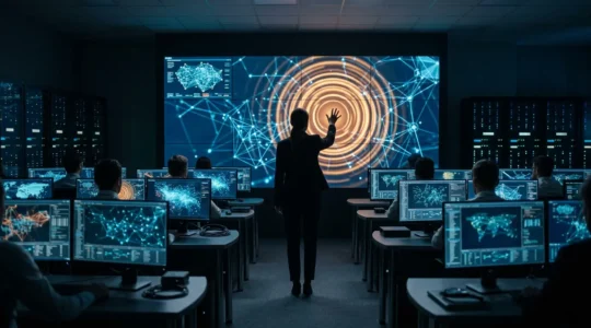 Centre de contrôle de cybersécurité avec écrans de monitoring et détection d'alerte ransomware en temps réel