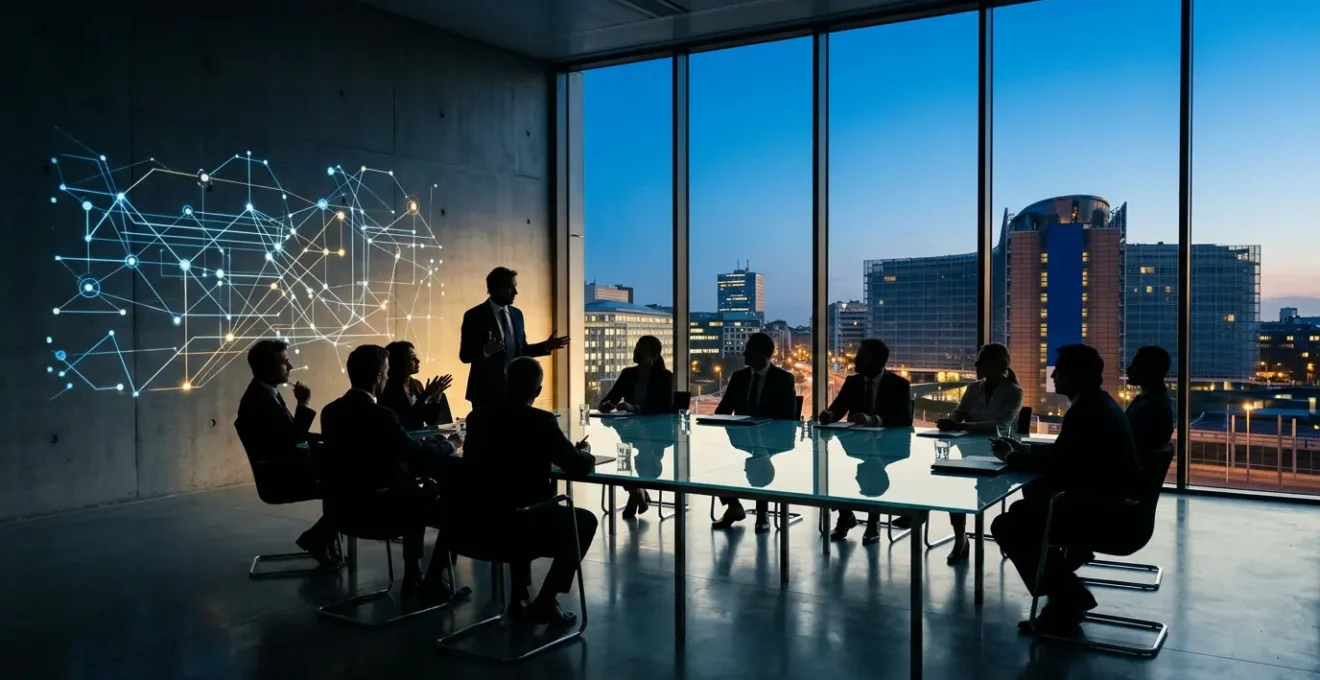 Vue d'une salle de contrôle moderne avec écrans de monitoring éteints, professionnels en discussion stratégique autour d'une table, architecture européenne contemporaine en arrière-plan