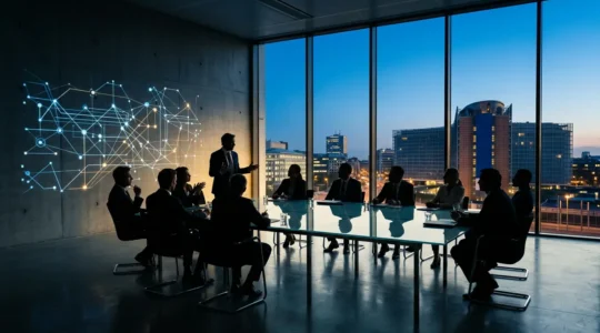 Vue d'une salle de contrôle moderne avec écrans de monitoring éteints, professionnels en discussion stratégique autour d'une table, architecture européenne contemporaine en arrière-plan