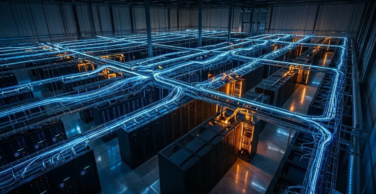 Vue d'ensemble d'un centre de données moderne avec une architecture complexe de serveurs interconnectés et des flux de données visibles
