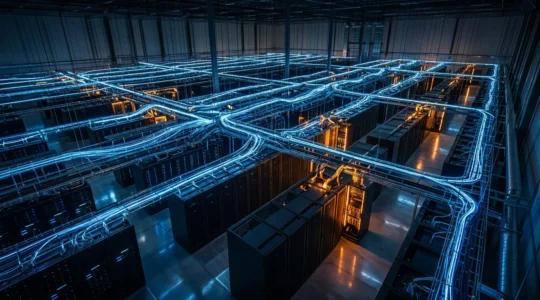 Vue d'ensemble d'un centre de données moderne avec une architecture complexe de serveurs interconnectés et des flux de données visibles