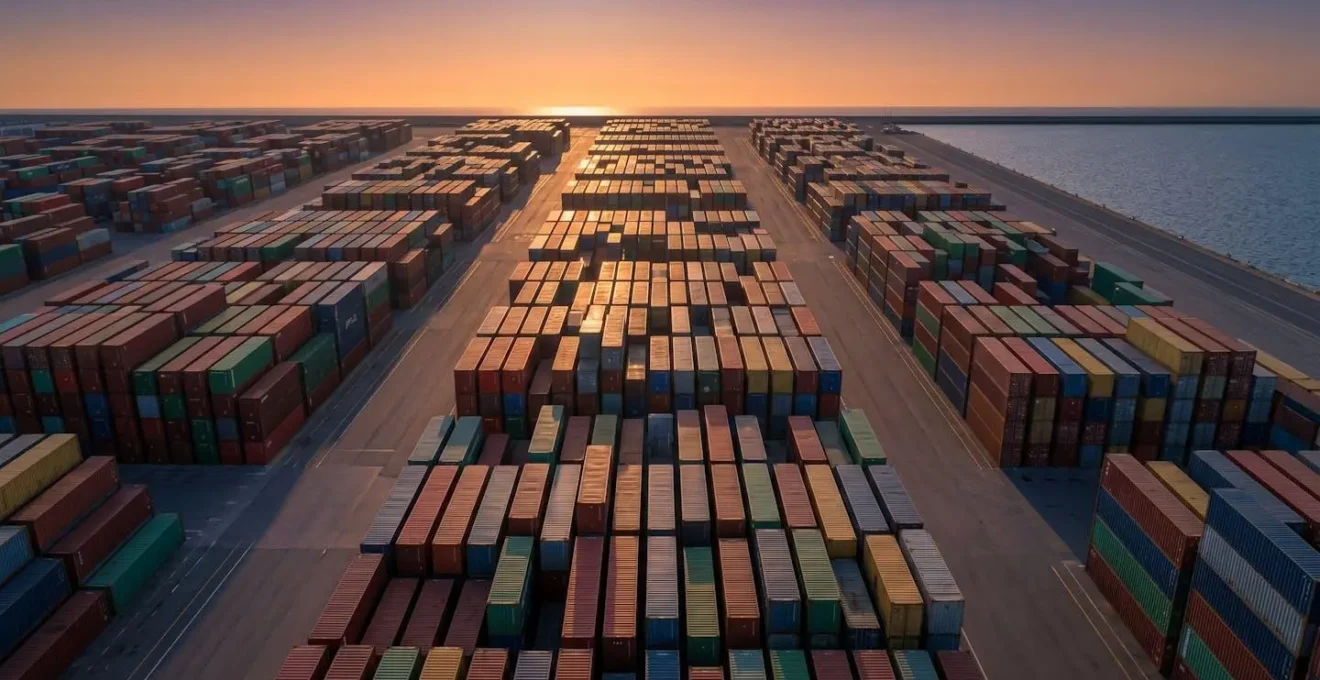 Vue aérienne minimaliste d'un port de conteneurs représentant métaphoriquement la chaîne d'approvisionnement logicielle