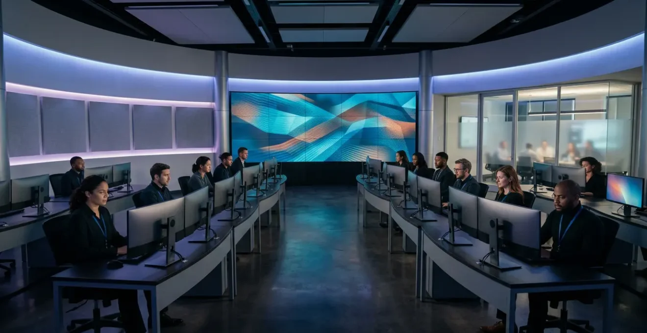 Équipe CSIRT travaillant dans un centre d'opérations de cybersécurité moderne avec écrans multiples et ambiance technologique