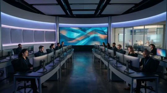 Équipe CSIRT travaillant dans un centre d'opérations de cybersécurité moderne avec écrans multiples et ambiance technologique