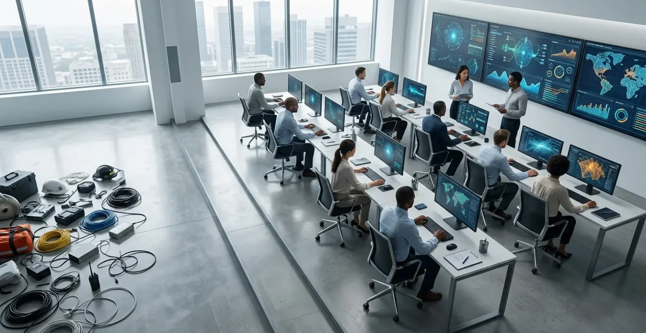 Vue aérienne d'un centre de commandement moderne avec des professionnels analysant des données sur plusieurs écrans dans une atmosphère calme et contrôlée