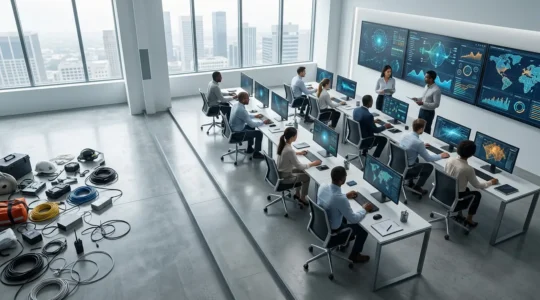 Vue aérienne d'un centre de commandement moderne avec des professionnels analysant des données sur plusieurs écrans dans une atmosphère calme et contrôlée