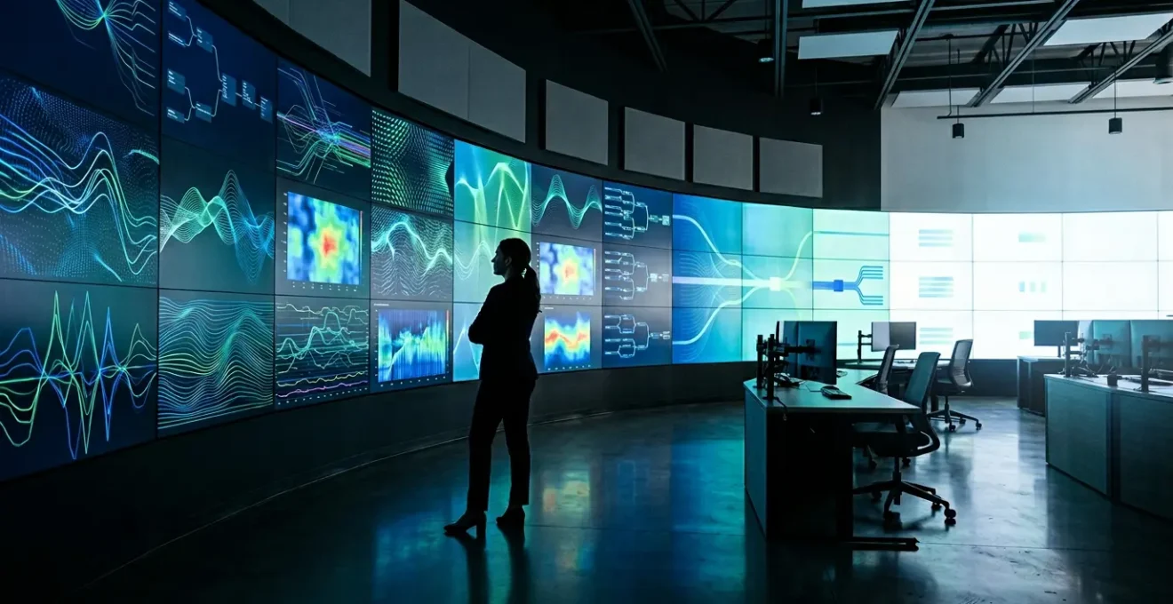 Vue panoramique d'une salle de contrôle moderne avec un professionnel analysant des tableaux de bord de sécurité sur plusieurs écrans