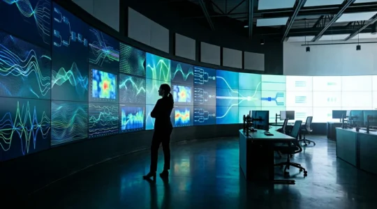 Vue panoramique d'une salle de contrôle moderne avec un professionnel analysant des tableaux de bord de sécurité sur plusieurs écrans