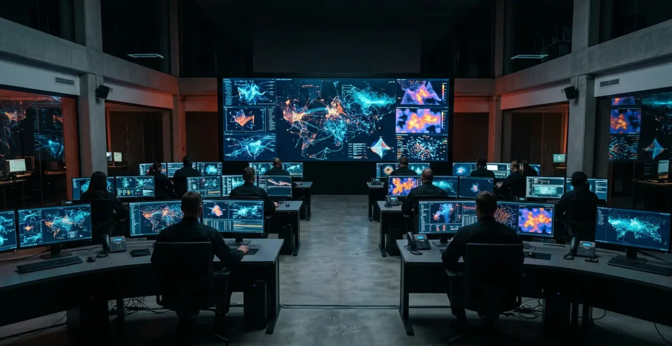 Centre de commande moderne avec écrans multiples affichant des données de sécurité réseau pendant une intervention d'urgence cyber