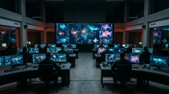 Centre de commande moderne avec écrans multiples affichant des données de sécurité réseau pendant une intervention d'urgence cyber