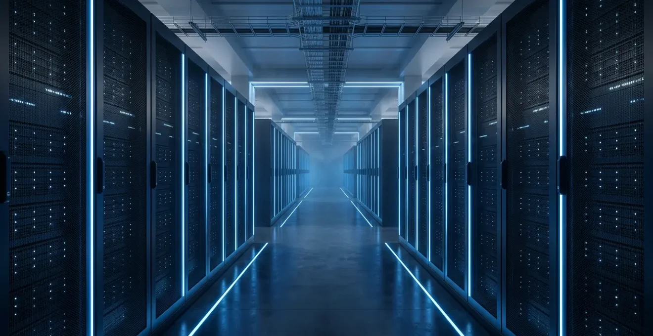 Vue architecturale moderne d'un datacenter sécurisé montrant des serveurs interconnectés avec des flux de données colorés représentant la protection RGPD