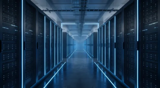 Vue architecturale moderne d'un datacenter sécurisé montrant des serveurs interconnectés avec des flux de données colorés représentant la protection RGPD