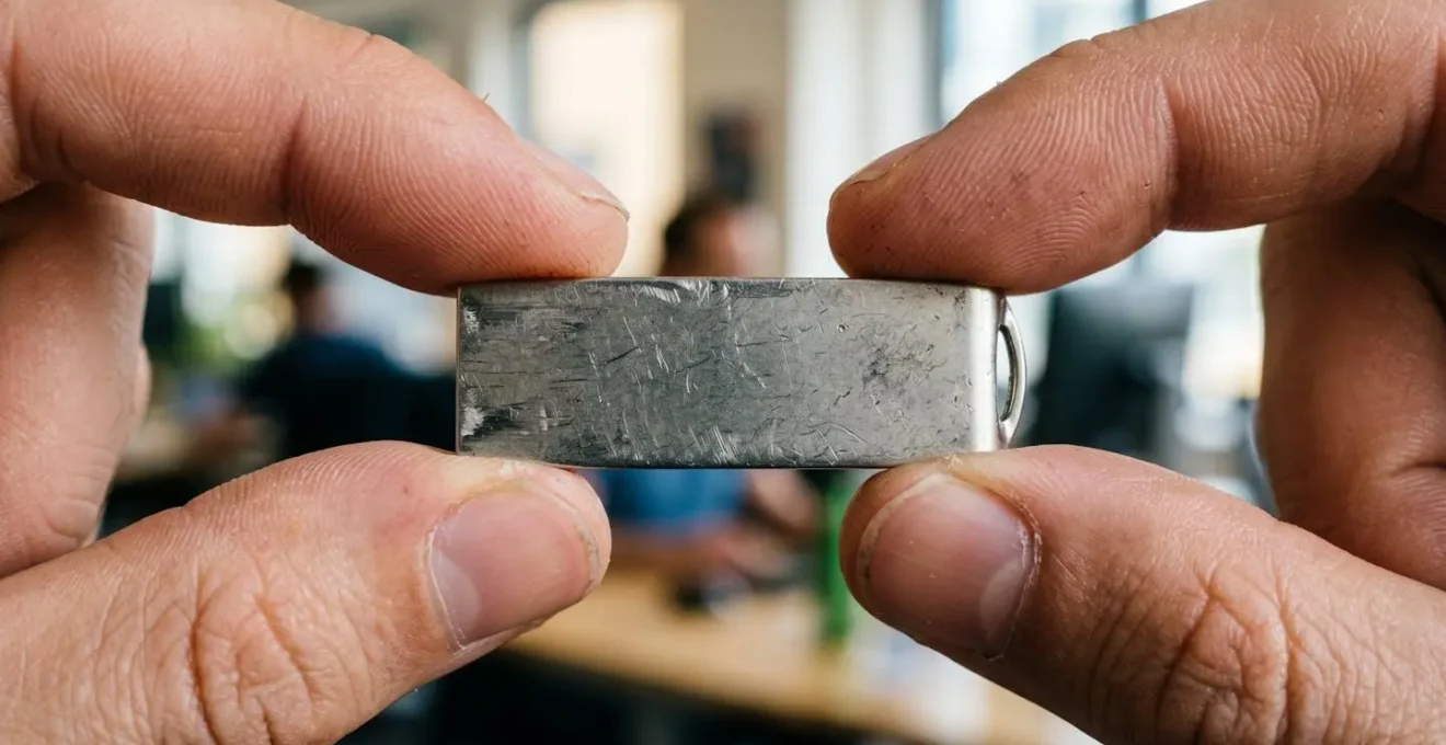 Détail macro d'une main tenant une clé USB piégée avec reflets métalliques