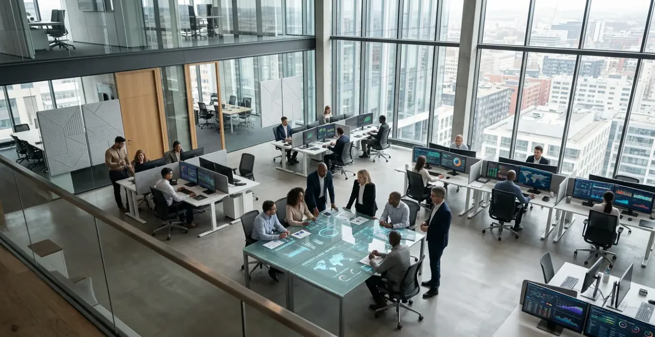 Vue aérienne d'un centre de commandement moderne avec écrans de contrôle et équipe multidisciplinaire travaillant sur la gestion des risques