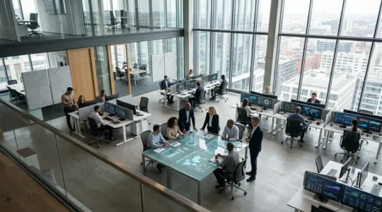 Vue aérienne d'un centre de commandement moderne avec écrans de contrôle et équipe multidisciplinaire travaillant sur la gestion des risques