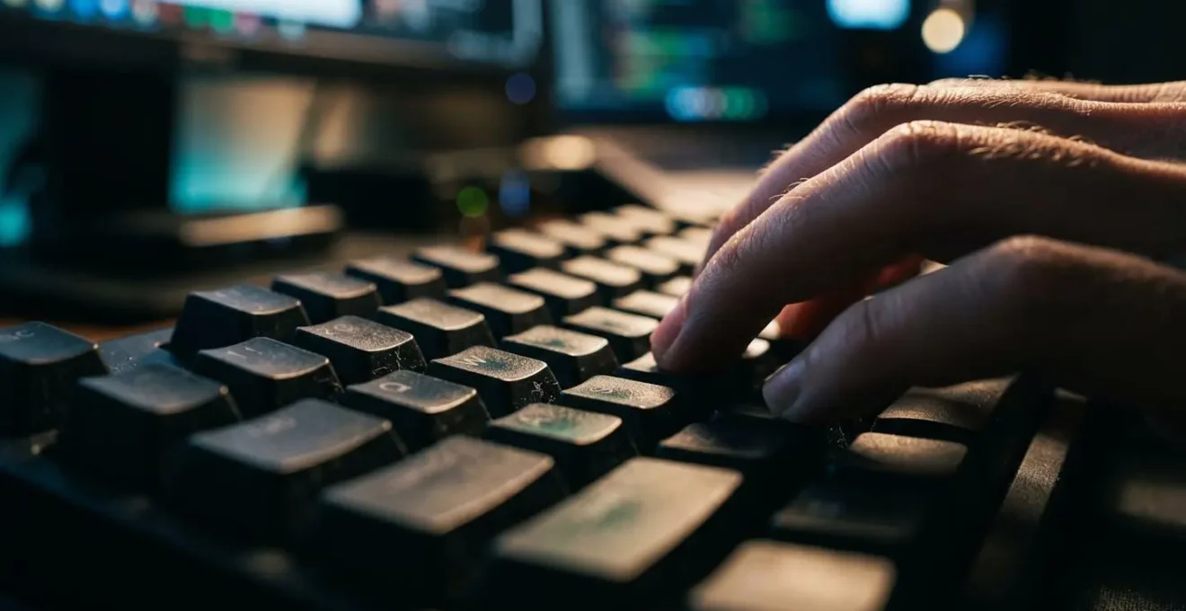 Gros plan sur des mains tapant des requêtes sur un clavier mécanique avec reflets de code coloré